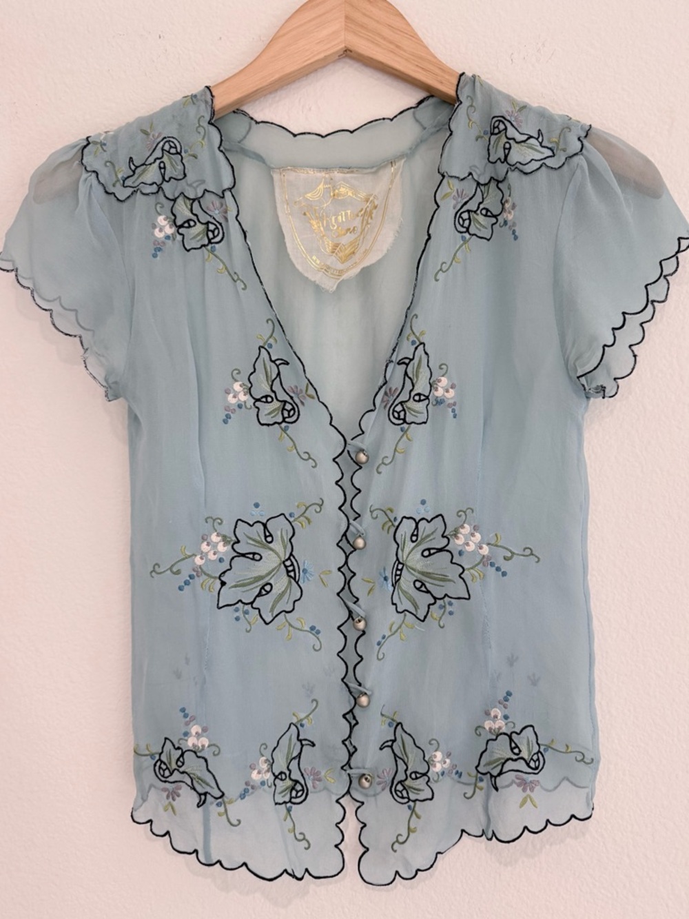 KNITTED DOVE top sheer delicate embroidered floral button blouse bed jacket VTG